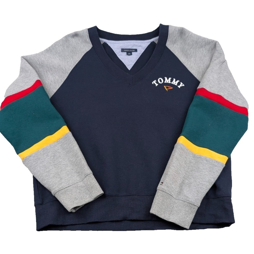 Tommy Hilfiger Colorblock V-Neck Sweatshirt L Navy Women Preppy Retro Sporty